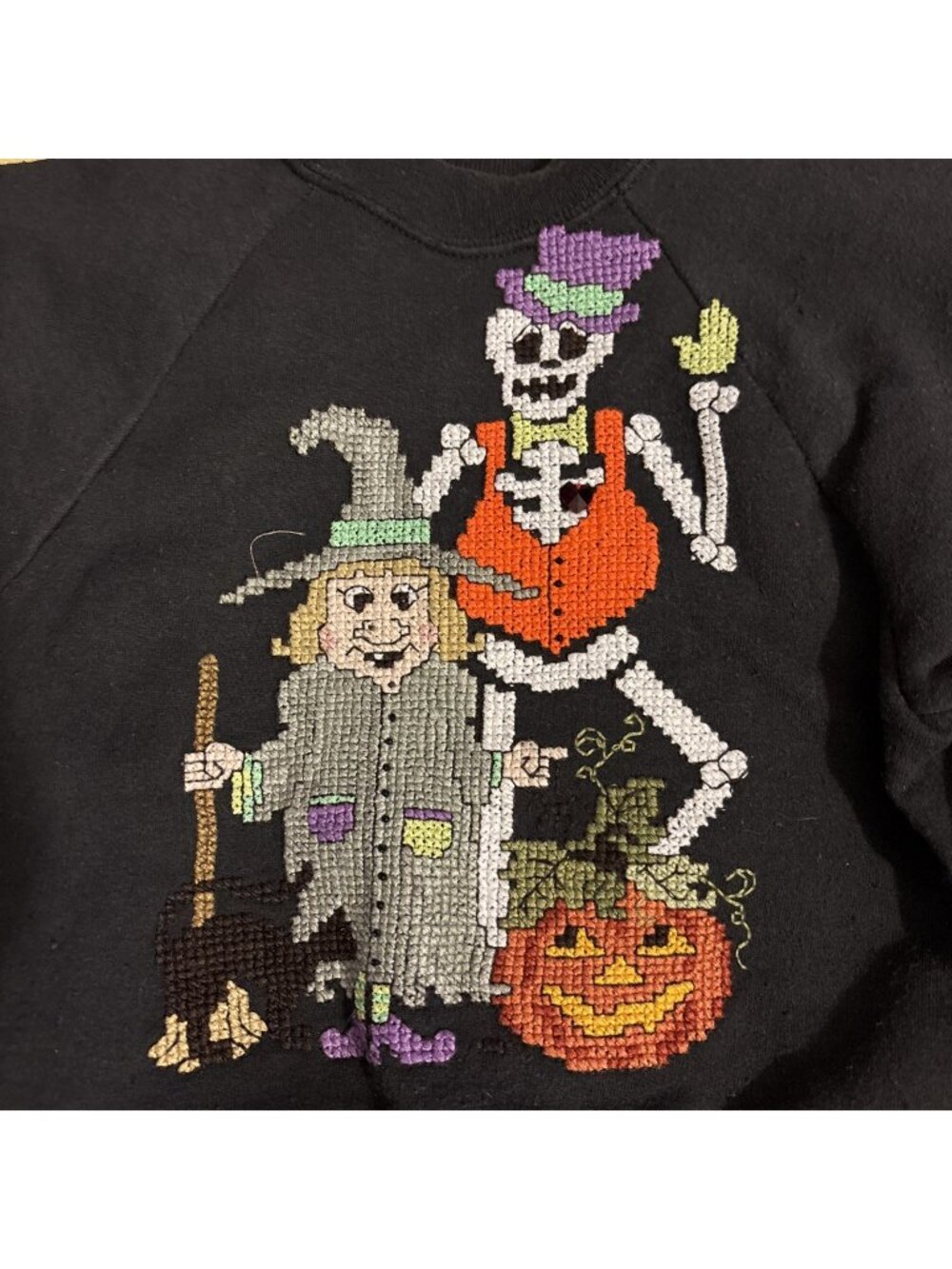 Vtg XSmall 5 Black Hanes Sweatshirt Handmade Cross-stitched Skeleton Witch